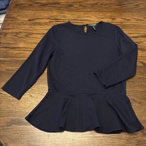 Lauren Ralph Lauren Navy Blue Peplum Top~Size Medium~ 3/4 Sleeves~Peephole Back